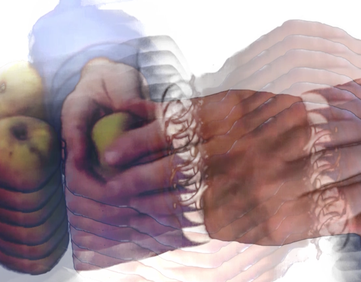 Seven layers of hands on top of each other mirrored. The hands are handing an apple, inspecting it.